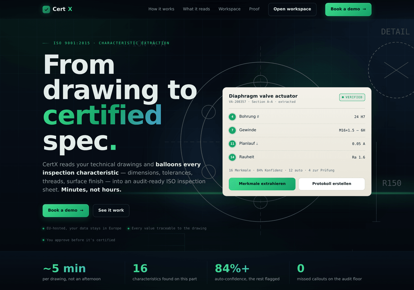 CertX landing page — From drawing to certified spec