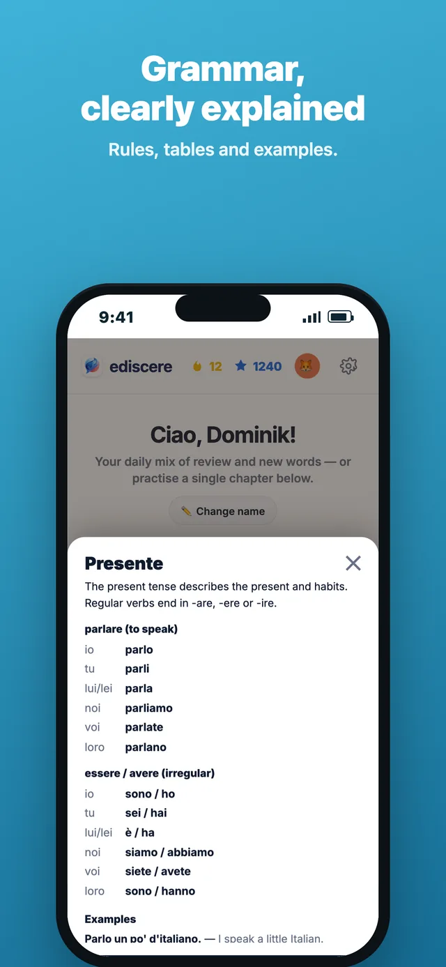 Ediscere grammar card with rules, tables and examples