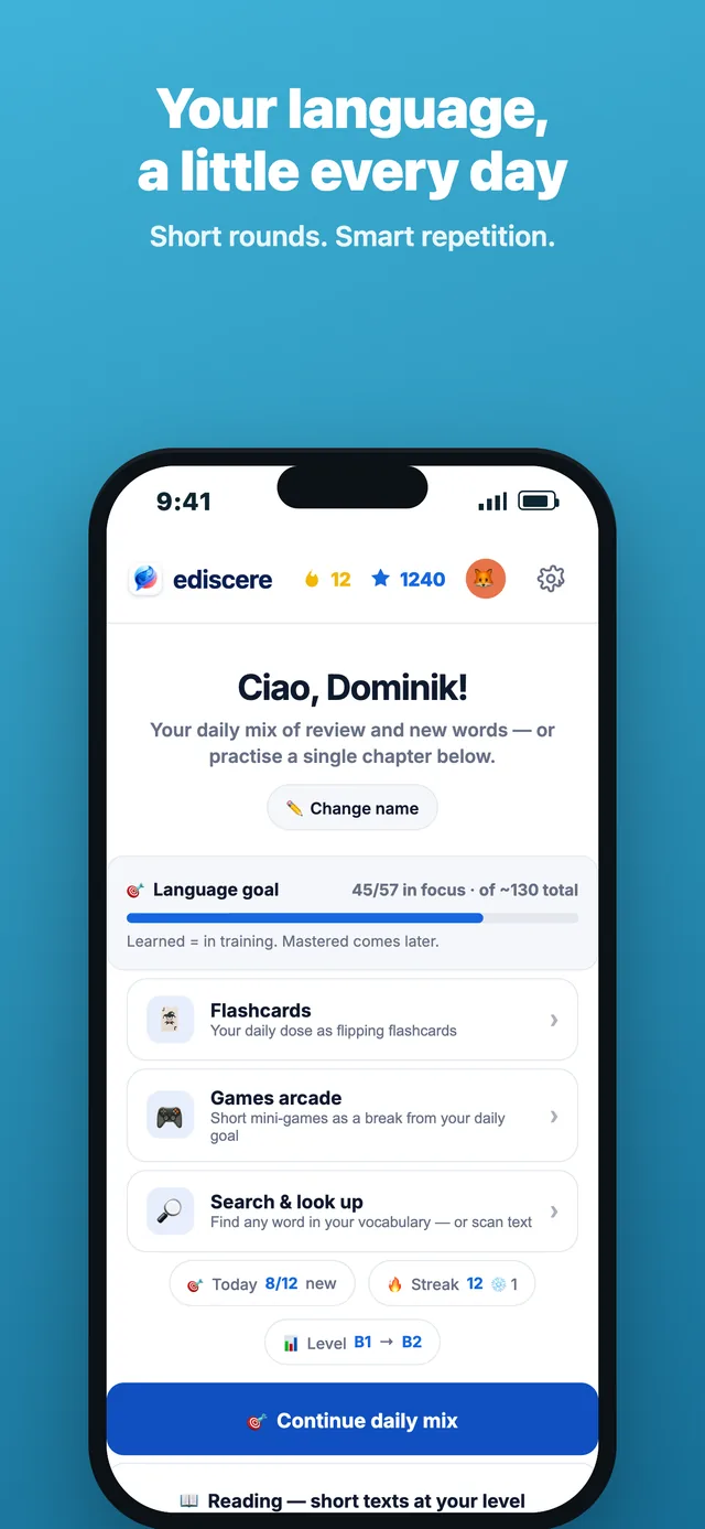 Ediscere home screen — your daily mix of review and new words