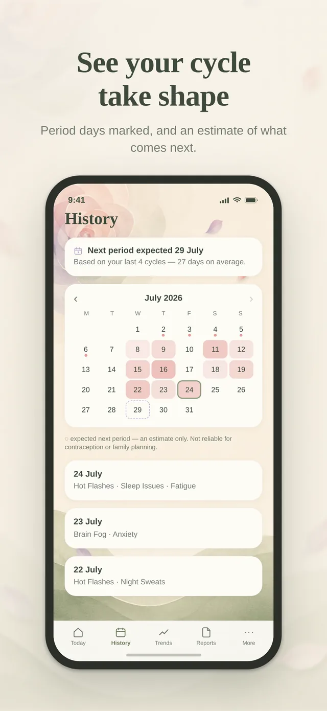PeriWise history — see your cycle take shape with period days marked