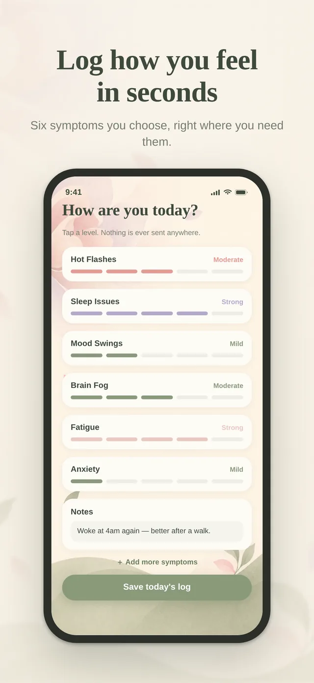 PeriWise quick log — how are you today, six symptoms in seconds