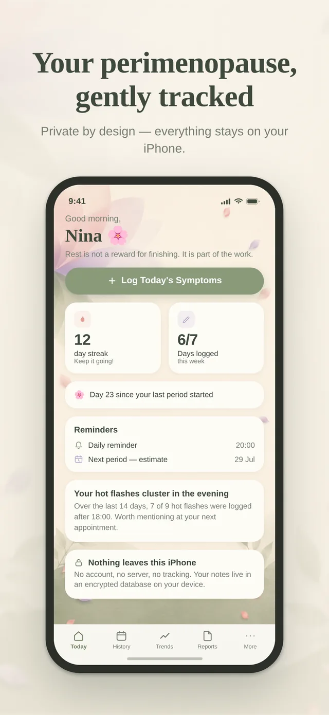 PeriWise today screen — your perimenopause, gently tracked