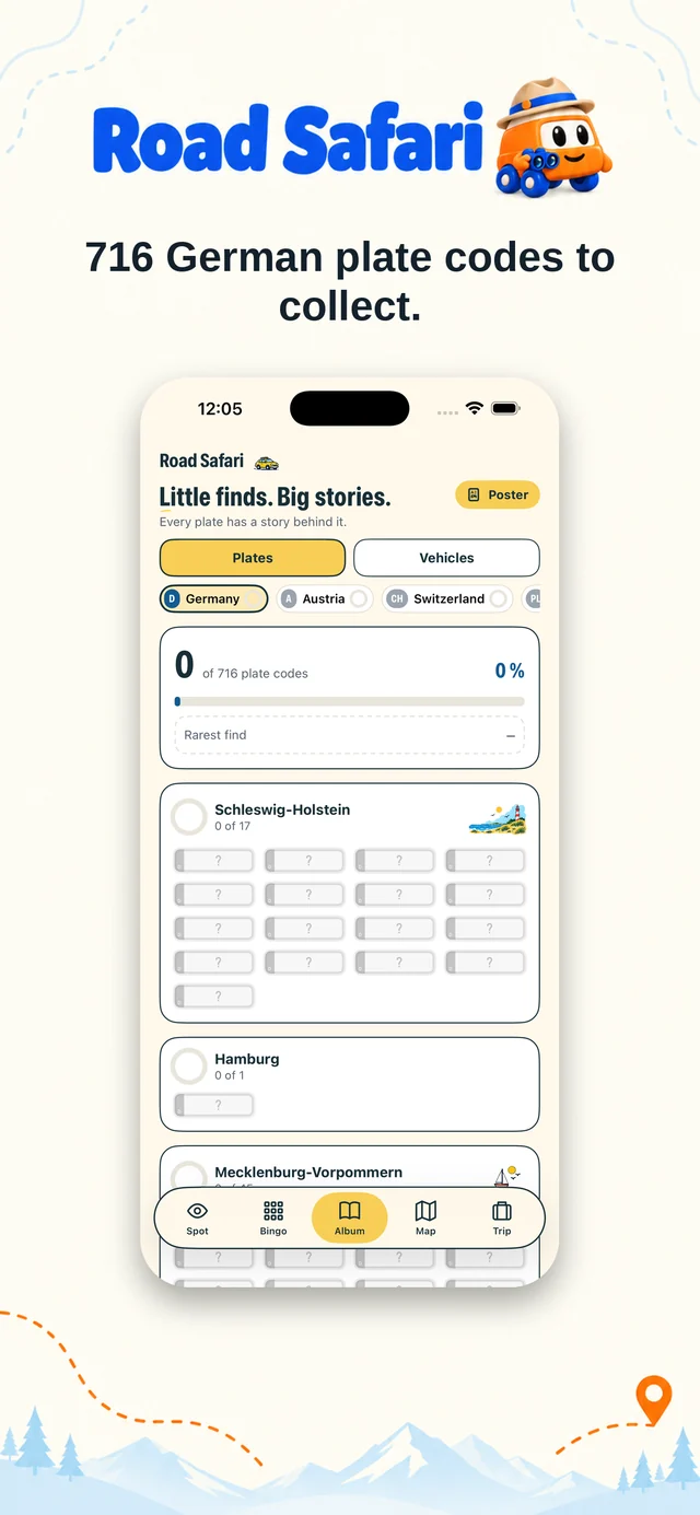Road Safari album — 716 German plate codes to collect, grouped by federal state