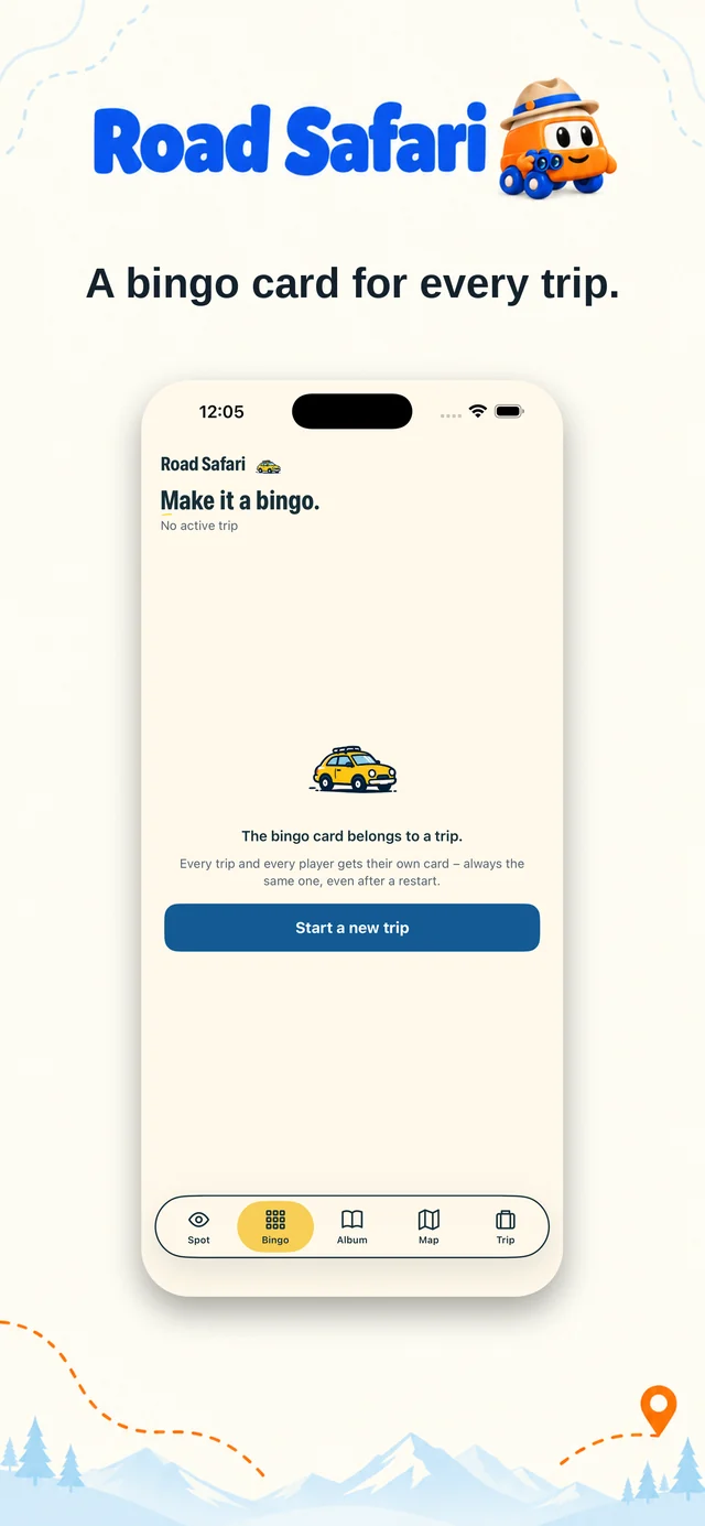 Road Safari bingo — every trip and every player gets their own card