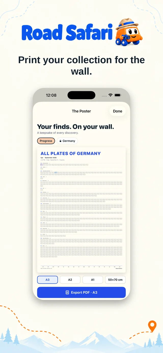 Road Safari poster — your finds on your wall, exported as a PDF in A3, A2, A1 or 50x70 cm