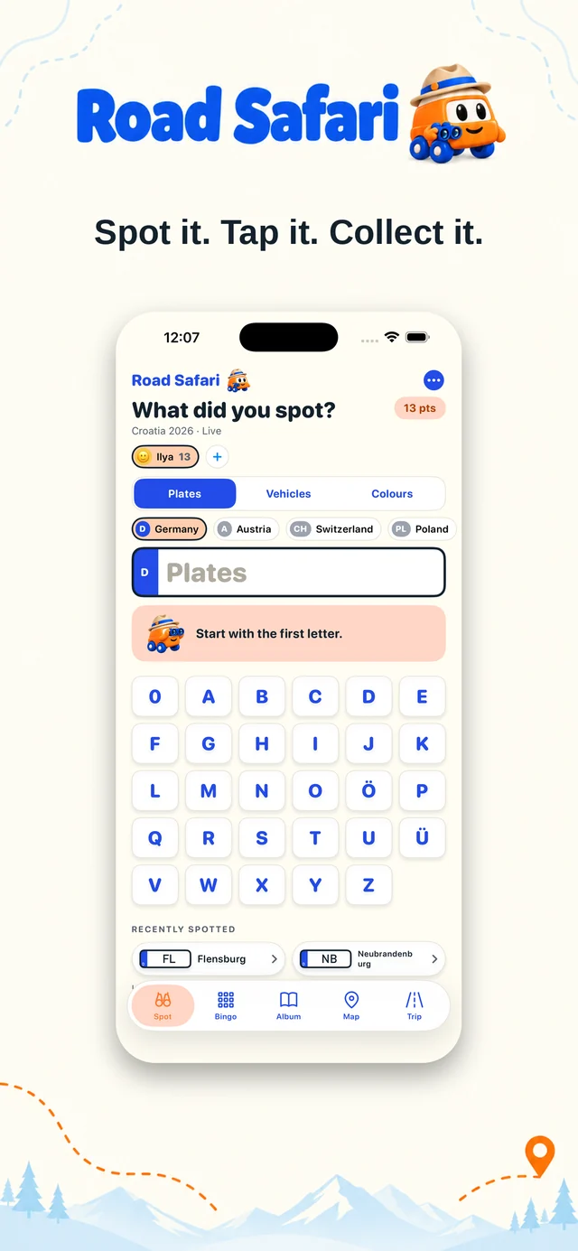 Road Safari spotting screen — what did you spot? Pick a country and tap the first letter of the plate code