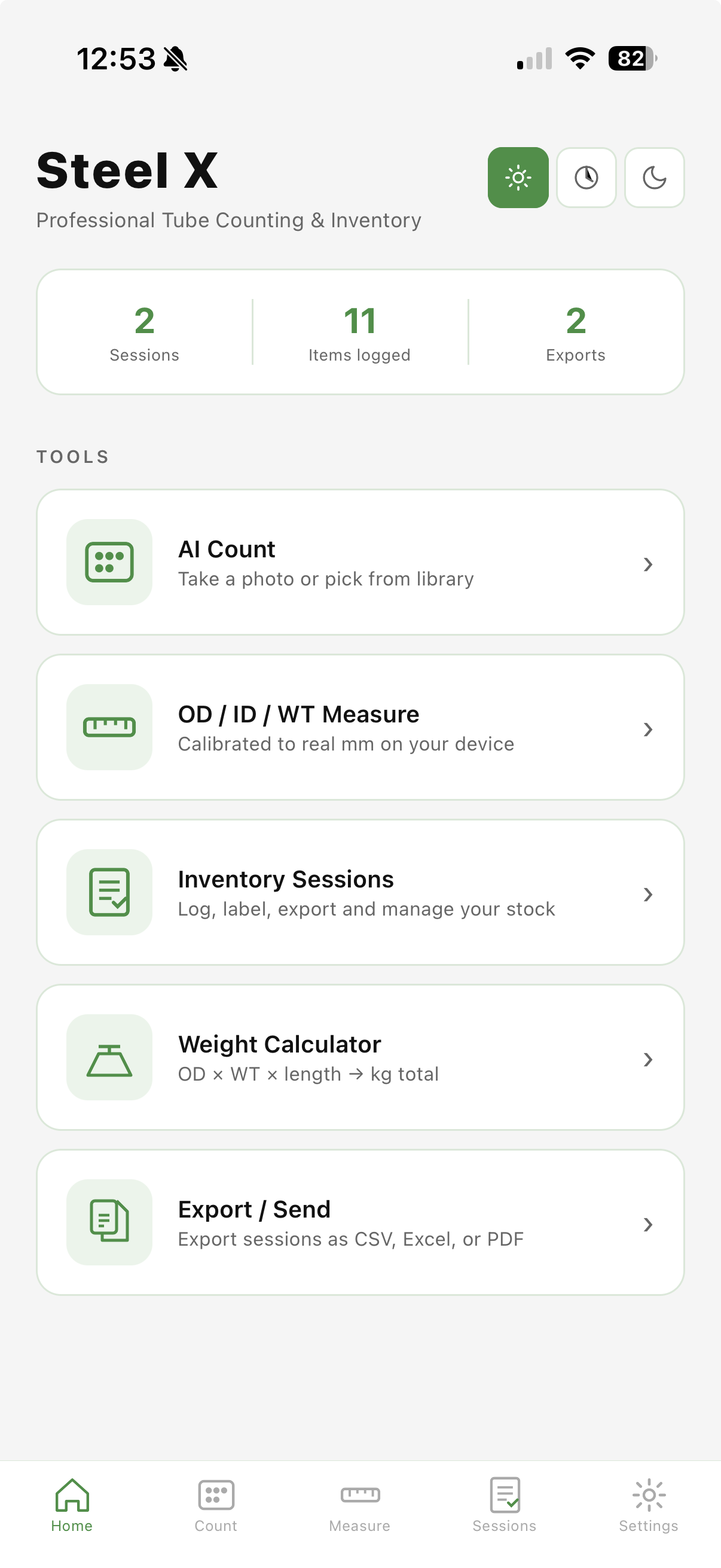 Steel X — Tube Inventory app home screen