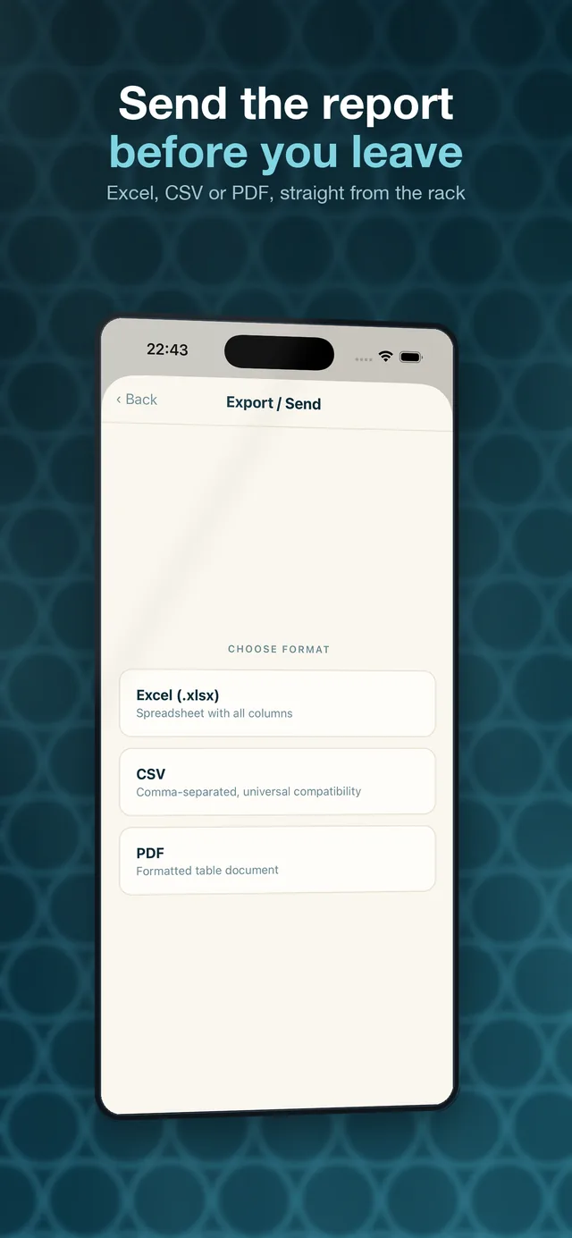 Steel X export — send sessions as Excel, CSV or PDF