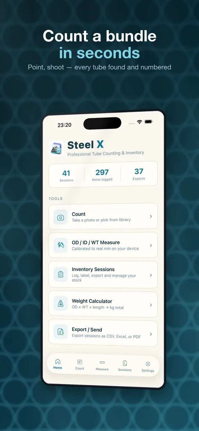 Steel X home screen — every tool for tube inventory