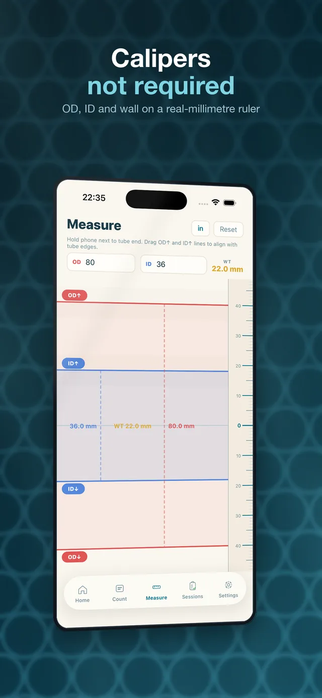 Steel X on-screen measurement — OD, ID and wall thickness calibrated to real millimetres
